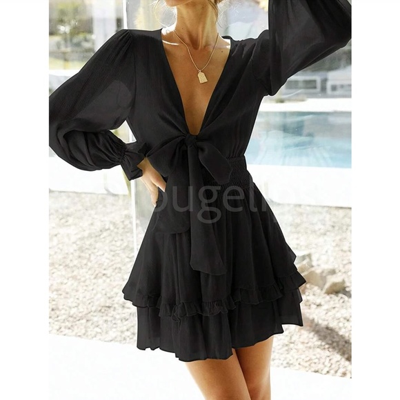 Black Boho Mini Dress Frill, Ruffle Hem Shirred Waist Fit & Flare - Picture 7 of 8
